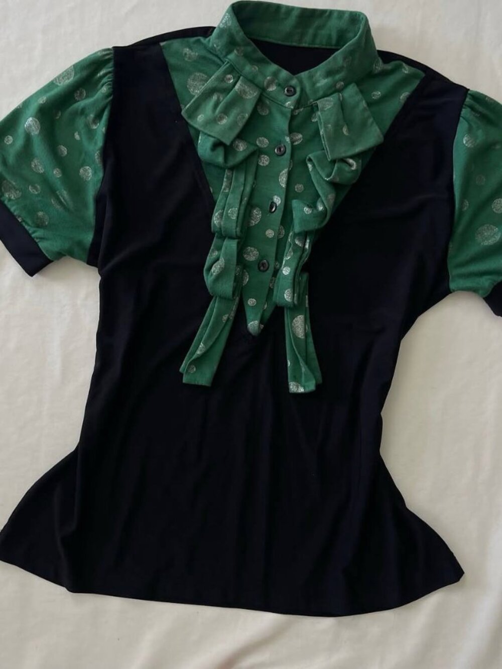 Women's Green Polka Dot Ruffle Blouse Short Sleeve Dressy Top